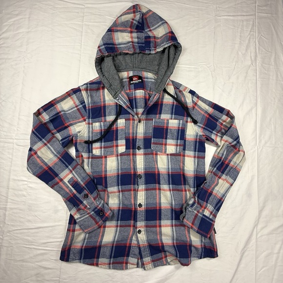 Quicksilver Mens Hooded Flannel Shirt Jacket Sz M Blue Plaid Button Up Pockets - Picture 1 of 9